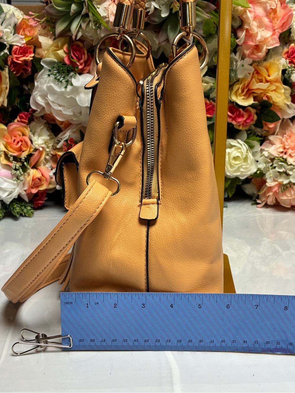 Structured Satchel Tan Braided Handles Tassel Crossbody Tote Bag - Picture 11 of 15